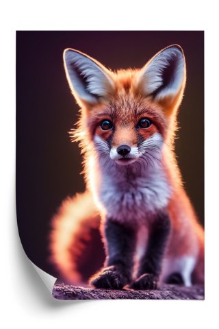Plakat Red Fox Portrait. Cute Baby Of Fox Sitting On Stone. Adorable Furry Fox Pup.