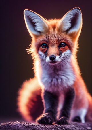 Plakat Red Fox Portrait. Cute Baby Of Fox Sitting On Stone. Adorable Furry Fox Pup.