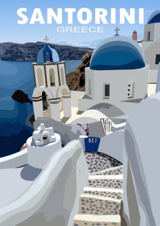 Plakat Typowe Greckie Budynki Z Niebieskimi Dachami Na Santorini