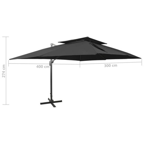 Parasol wiszący z podwójną czaszą, 400x300 cm, czarny
