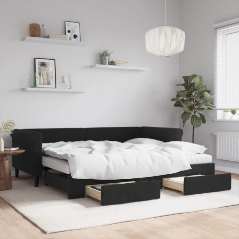 Sofa rozsuwana z szufladami, czarna, 90x200 cm, aksamit