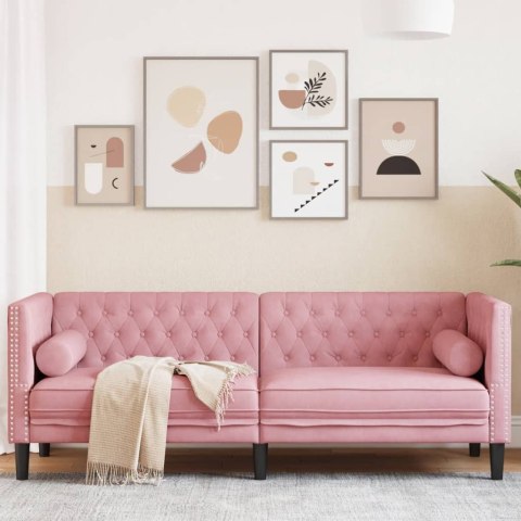 Sofa Chesterfield z wałkami, trzyosobowa, różowa, aksamit