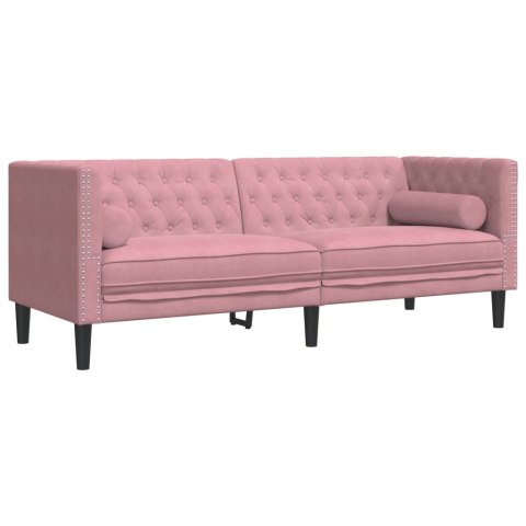 Sofa Chesterfield z wałkami, trzyosobowa, różowa, aksamit