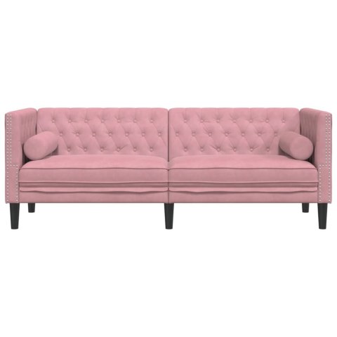 Sofa Chesterfield z wałkami, trzyosobowa, różowa, aksamit