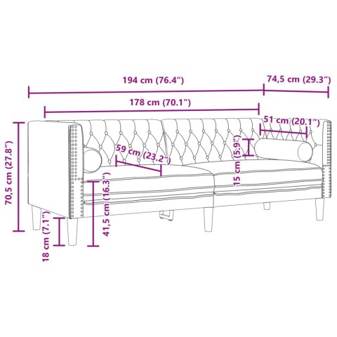 Sofa Chesterfield z wałkami, trzyosobowa, różowa, aksamit