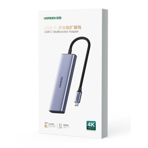 6w1 HUB Adapter USB-C - HDMI / USB-A / czytnik kart SD TF - szary