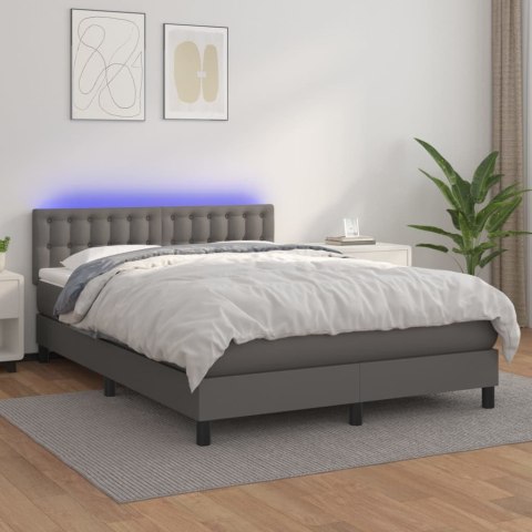 Łóżko kontynentalne z materacem i LED, szara ekoskóra 140x190cm