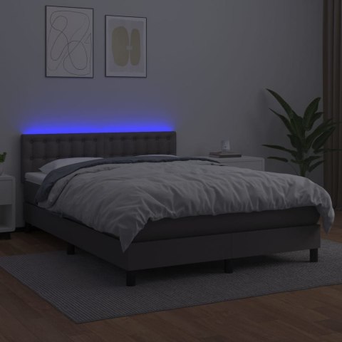 Łóżko kontynentalne z materacem i LED, szara ekoskóra 140x190cm