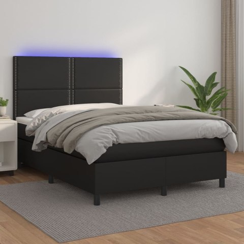Łóżko kontynentalne, materac i LED, czarna ekoskóra, 140x190 cm