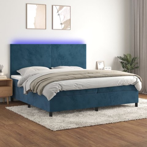 Łóżko kontynentalne, materac i LED, niebieski aksamit 200x200cm