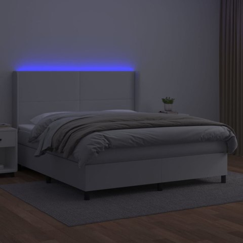 Łóżko kontynentalne z materacem i LED, biała ekoskóra 180x200cm