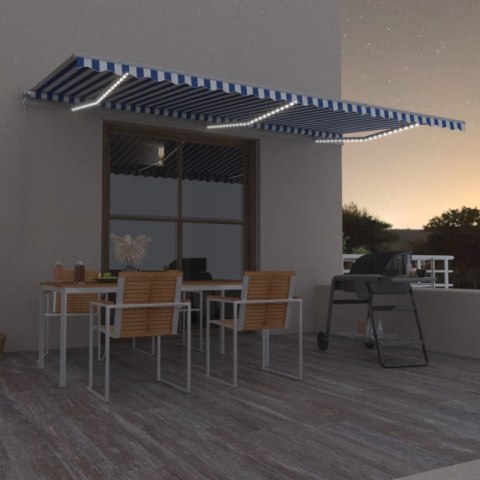 Ręcznie zwijana markiza z LED, 600x350 cm, niebiesko-biała