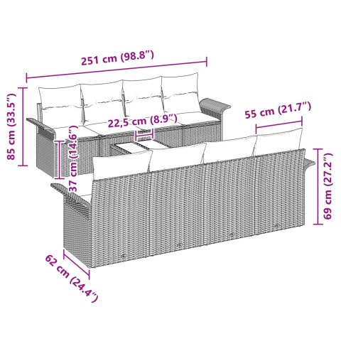 Zestaw sof ogrodowych z poduszkami, 9 elementów, szary, rattan