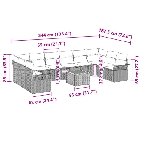 Zestaw Sofowy na 11 Osób z Poduszkami Szary Poly Rattan Akacja