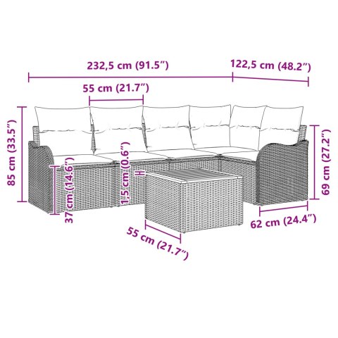 Zestaw sofy ogrodowej 6-częściowy z poduszkami Szary Rattan Akacja
