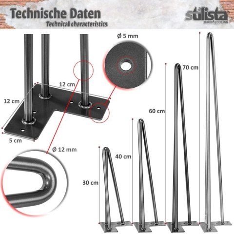 STILISTA Noga meblowa z 3 drążków, 70 cm, czarna