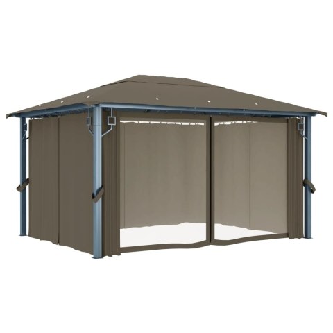 Altana z zasłonami i lampkami LED, 4x3 m, taupe, aluminium