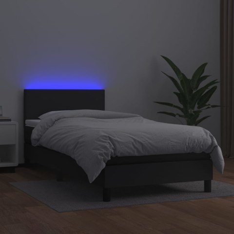 Łóżko kontynentalne z materacem i LED czarna ekoskóra 90x190 cm