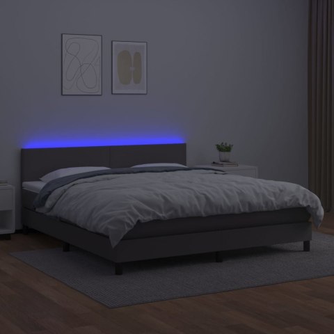 Łóżko kontynentalne z materacem i LED, szara ekoskóra 180x200cm