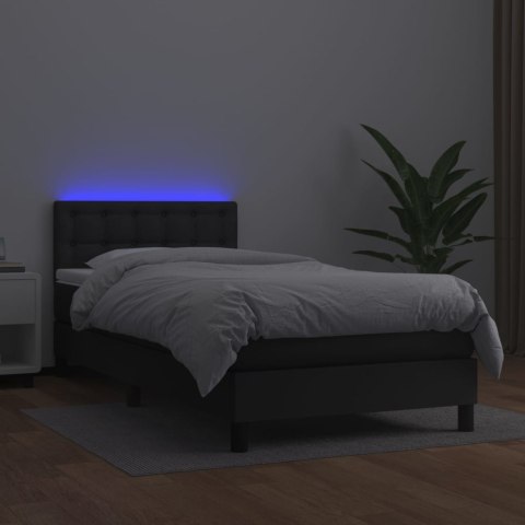 Łóżko kontynentalne z materacem i LED czarna ekoskóra 90x190 cm