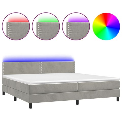 Łóżko kontynentalne z materacem i LED, szare 200x200cm, aksamit