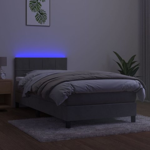 Łóżko kontynentalne z materacem i LED, szare 90x190 cm, aksamit