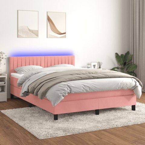 Łóżko kontynentalne z materacem i LED, różowy aksamit 140x200cm