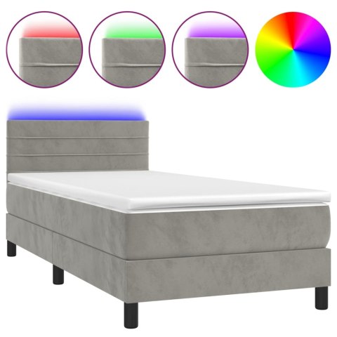 Łóżko kontynentalne z materacem i LED, szare 90x200 cm, aksamit