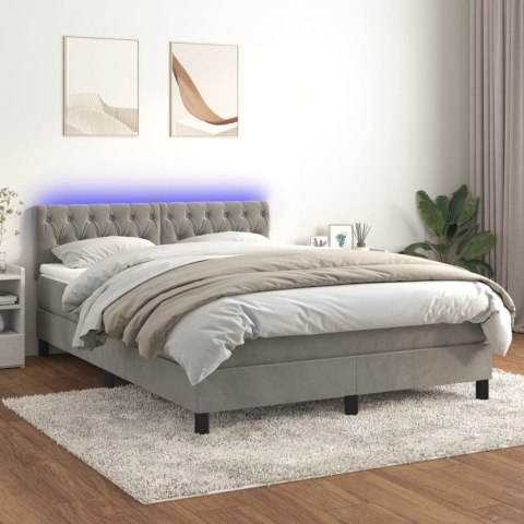 Łóżko kontynentalne z materacem i LED, jasnoszare, 140x190cm, aksamit