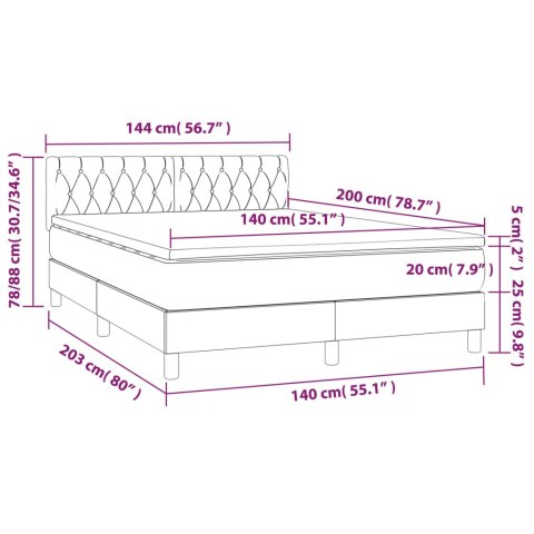 Łóżko kontynentalne z materacem i LED, szare 140x200cm, aksamit