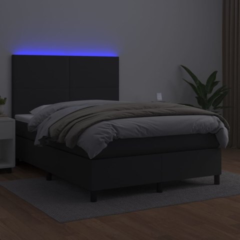 Łóżko kontynentalne, materac i LED, czarna ekoskóra, 140x190 cm