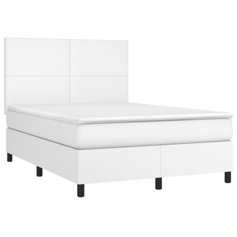 Łóżko kontynentalne z materacem i LED, biała ekoskóra 140x190cm