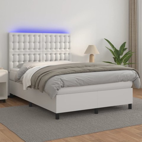 Łóżko kontynentalne z materacem i LED, biała ekoskóra 140x200cm