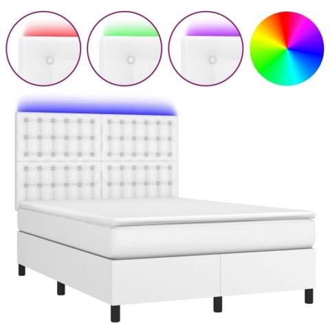 Łóżko kontynentalne z materacem i LED, biała ekoskóra 140x200cm