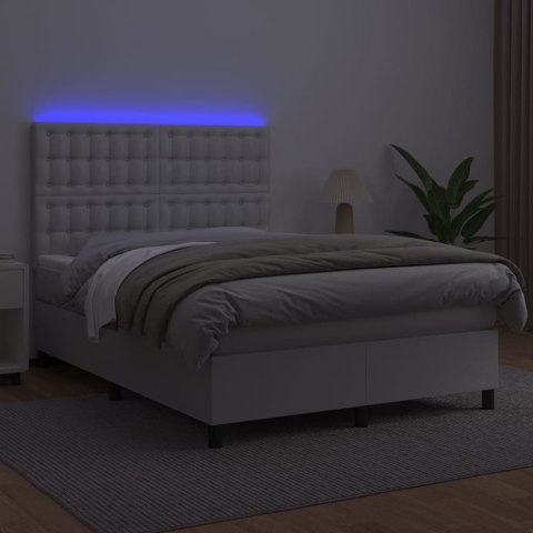 Łóżko kontynentalne z materacem i LED, biała ekoskóra 140x200cm
