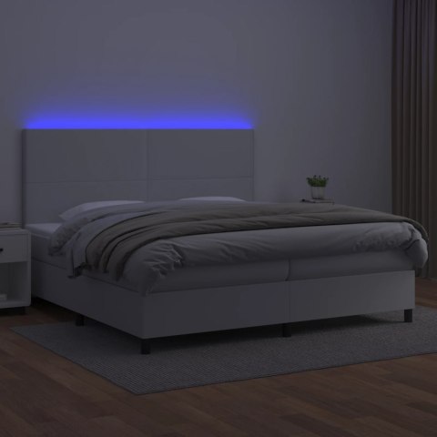 Łóżko kontynentalne z materacem i LED, biała ekoskóra 200x200cm
