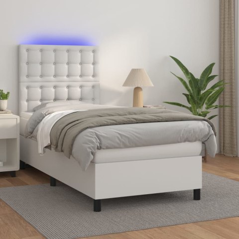 Łóżko kontynentalne z materacem i LED, biała ekoskóra 90x190 cm