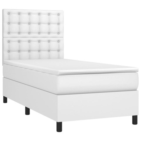 Łóżko kontynentalne z materacem i LED, biała ekoskóra 90x190 cm