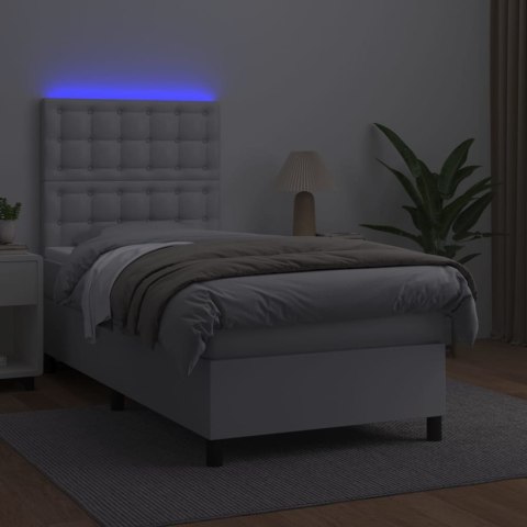 Łóżko kontynentalne z materacem i LED, biała ekoskóra 90x190 cm