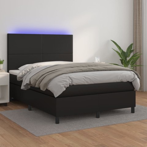 Łóżko kontynentalne z materacem i LED czarna ekoskóra 140x200cm