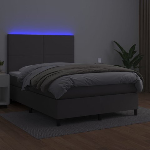 Łóżko kontynentalne z materacem i LED, szara ekoskóra 140x190cm