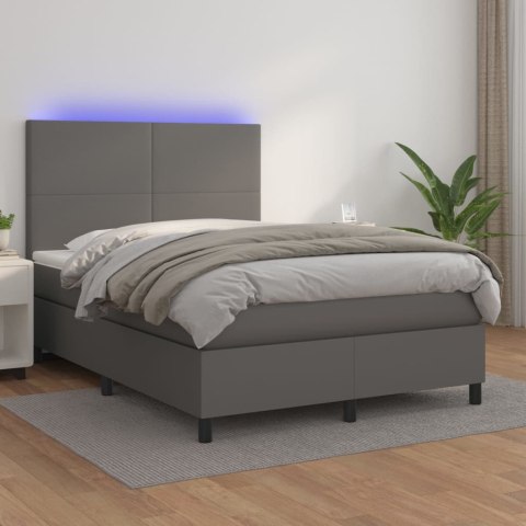 Łóżko kontynentalne z materacem i LED, szara ekoskóra 140x200cm