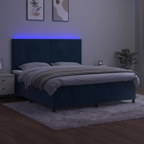 Łóżko kontynentalne, materac i LED, niebieski aksamit 180x200cm