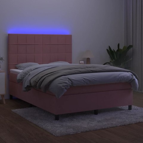 Łóżko kontynentalne z materacem i LED, różowy aksamit 140x190cm