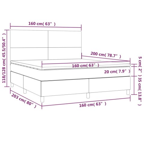 Łóżko kontynentalne z materacem i LED, szare 160x200cm, aksamit