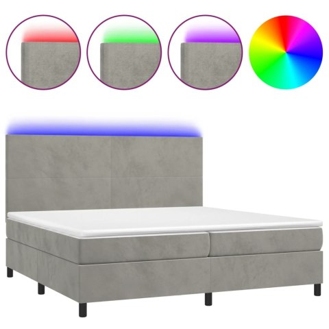 Łóżko kontynentalne z materacem i LED, szare 200x200cm, aksamit