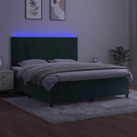 Łóżko kontynentalne z materacem i LED zielony aksamit 180x200cm