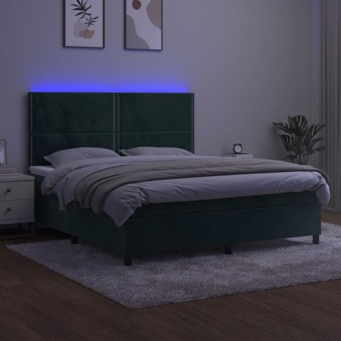 Łóżko kontynentalne z materacem i LED zielony aksamit 180x200cm
