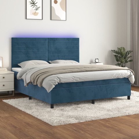 Łóżko kontynentalne, materac i LED, niebieski aksamit 160x200cm