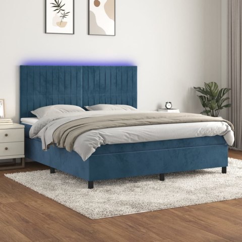 Łóżko kontynentalne, materac i LED, niebieski aksamit 160x200cm